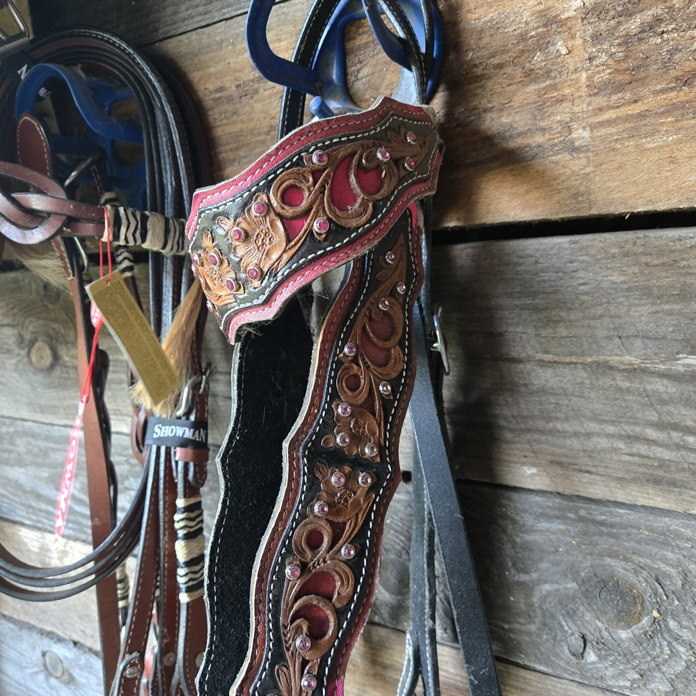 Decorative Leather Horse Bridle with Pink Accents